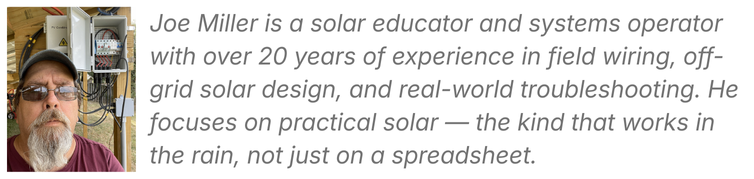 Joe standing outdoors beside solar panels, sunlight on one side, wearing a ball cap or work shirt — approachable shop-teacher look.